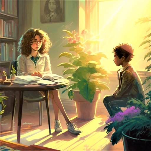 Une jeune femme parle avec un adolescent.